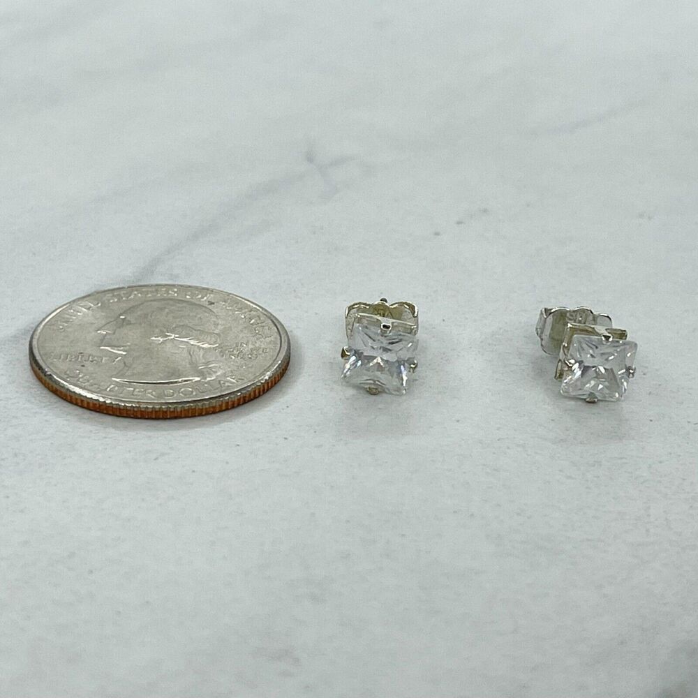 SHA Signed Silver Tone Clear Square Rhinestone Earrings Pierced Pair